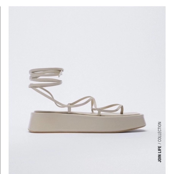 Zara lace up leather nude beige Strappy Platform Sandal shoes flip flop Flatform - Picture 6 of 10